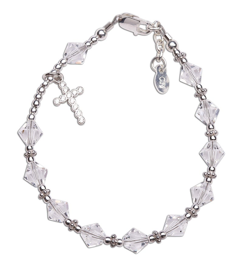 Precious Pieces Girl's 925 Sterling Silver First Communion Rosary Bracelet with Crystals and Cross for Children (6-6.5") - Image 1